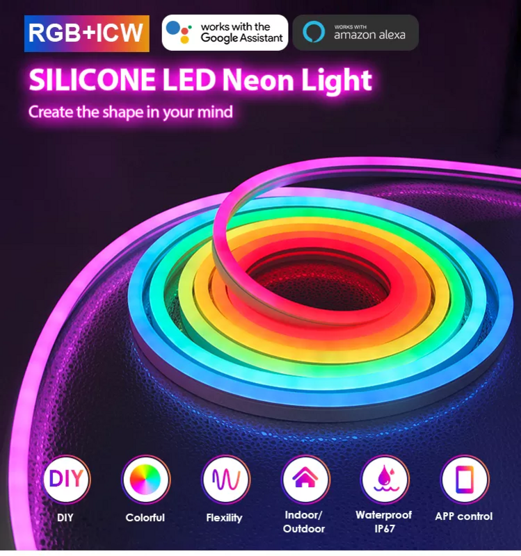 Impermeável LED Neon Faixa Corda Luzes, RGB, Controle de Voz IC, Inteligente Tuya App, Wi-Fi, Remoto, Flexível, Decoração IP67, 10ft, 3m