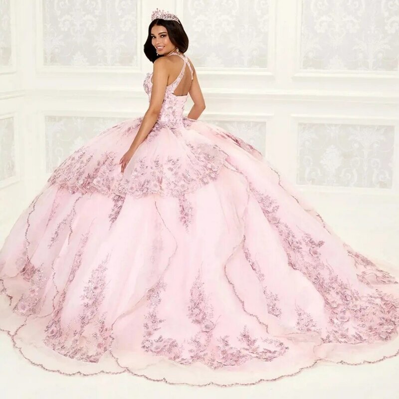 Halter abito da ballo senza maniche Quinceanera Vintage 3D Flower Prom Dresses Sparkly paillettes Princess Long Sweet 16 Dress Vestidos