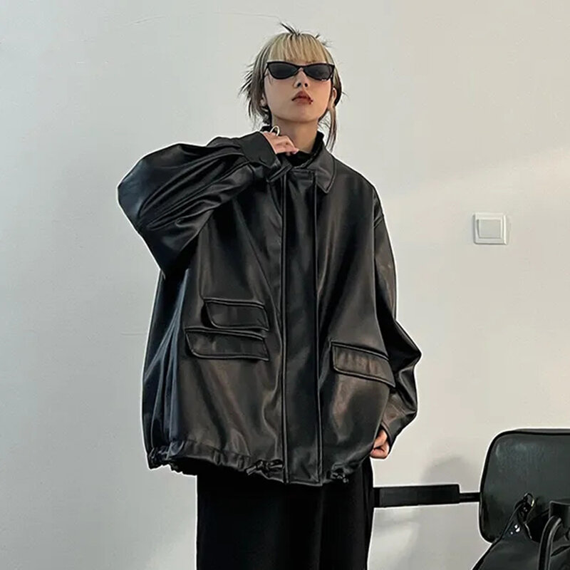 Streetwear czarne Pu płaszcze ze sztucznej skóry damskie oversize gotyckie kurtki Y2K luźna kieszeń fajne damskie casualowe miękkie ubrania wierzchnie