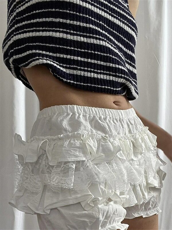 Women'S Bloomer White Lolita Lace Shorts  Summer Elastic Waist Layered Solid Color Casual Shorts Daily Street Wear
