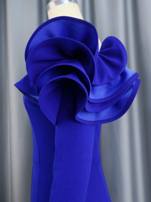 Женский элегантный синий комбинезон, слитный комбинезон с открытыми плечами, длинным рукавом, высокой талией и широкими штанинами, Комбинезоны