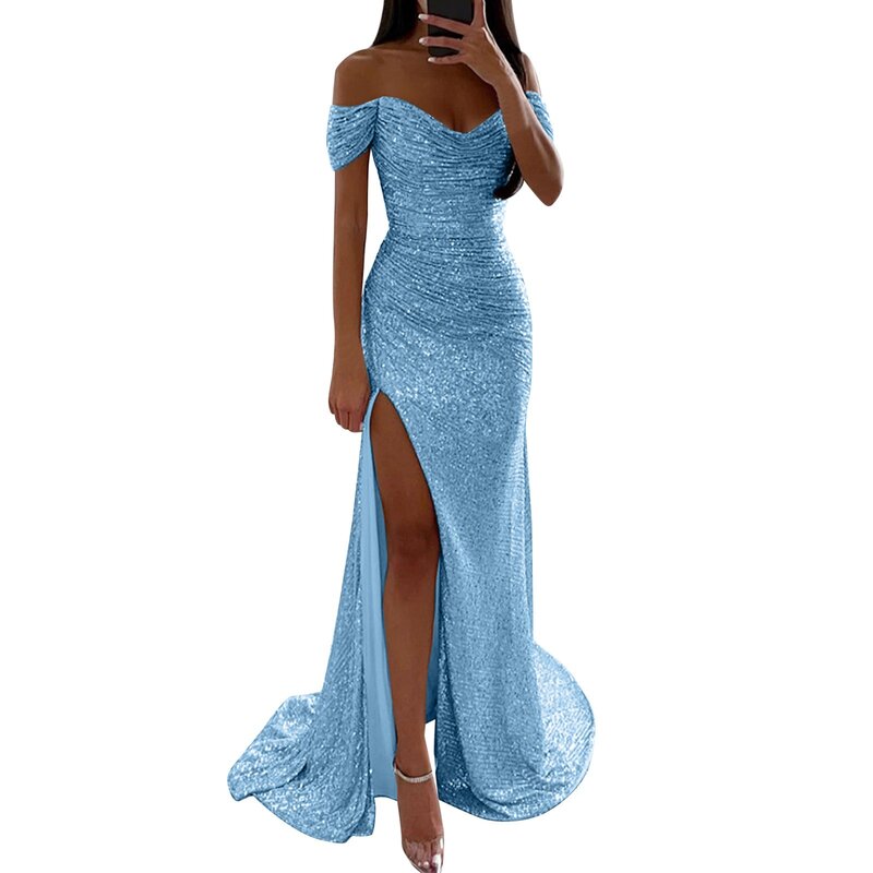 Off-shoulder Gown Dress Sequin Pleated V-neck Maxi Dress Elegant Evening Party Prom Dress with Off Shoulder Slim Sexy for Women