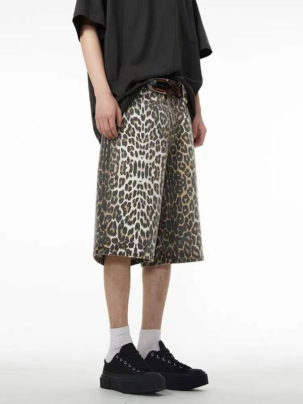 HOUZHOU Y2k Vintage Leopard Jorts Japanese 2000s Style Jeans Shorts Korean Fashion Woman Oversized Denim Pants Streetwear Summer