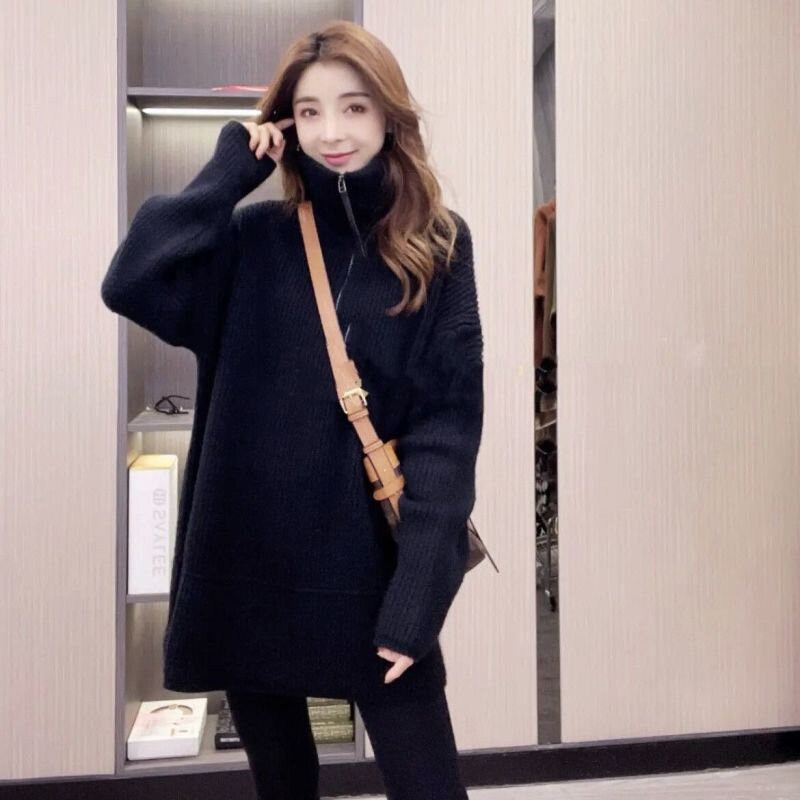Rits Trui Vrouwen Winter Coltrui Thicken Medium Lange Koreaanse Fashion Vintage Harajuku Casual Oversized Trui Wit Zwart