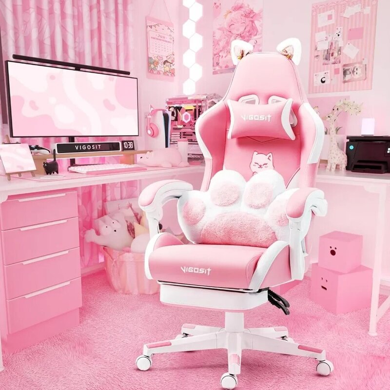 Pink Gaming Chair With Cat Paw Lumbar Cushion and Cat Ears Computer Armchair Reclining PC Game Chair for Girl Kids Teen Gamer