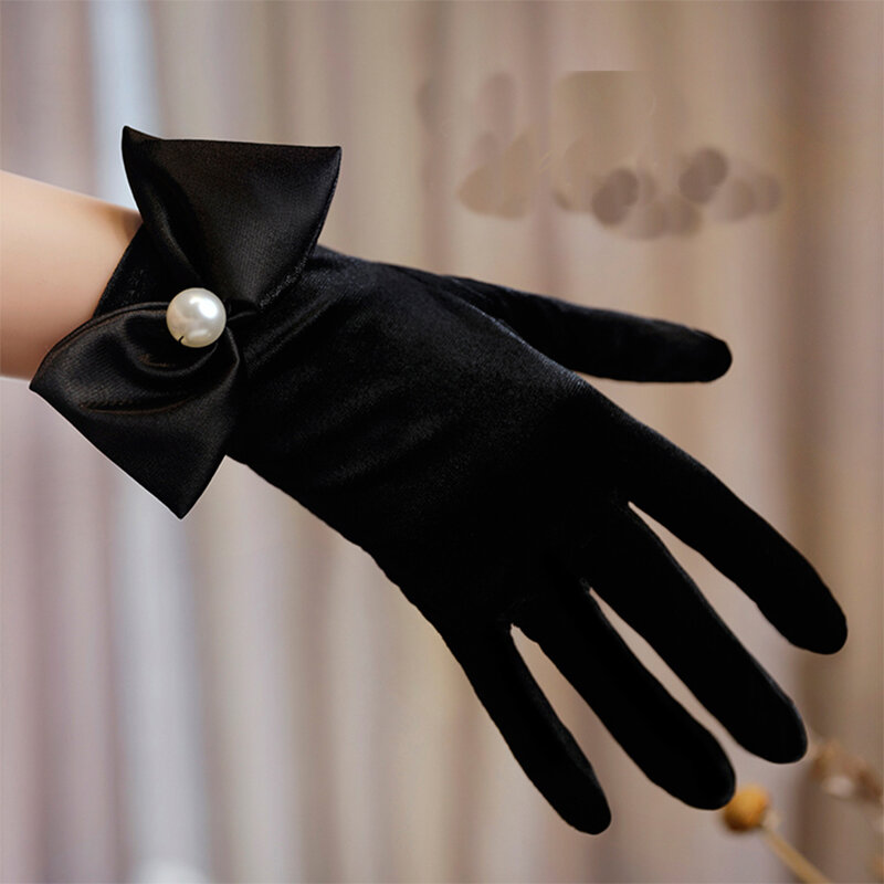 Gants noirs en velours rétro pour femmes, avec nœud papillon, étiquettes, accessoires de photographie de Studio, robe de mariée, mitaines, gants de conduite courts pour dames, 269
