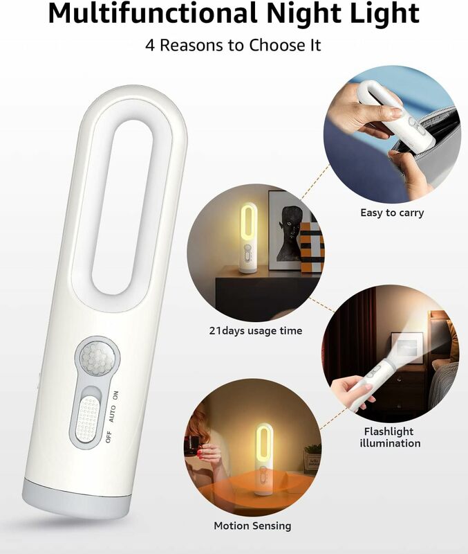 Linterna portátil 2 en 1 con sensor de movimiento LED con sensor de noche para dormitorio, baño, lectura, camping