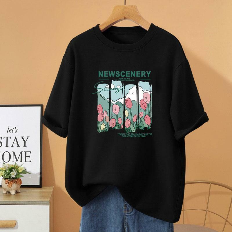 Letnia koszulka z krótkim rękawem Y2k z kwiatowym nadrukiem, luźna 100% bawełniana koszulka z okrągłym dekoltem, odzież damska w stylu Vintage swetry Basic