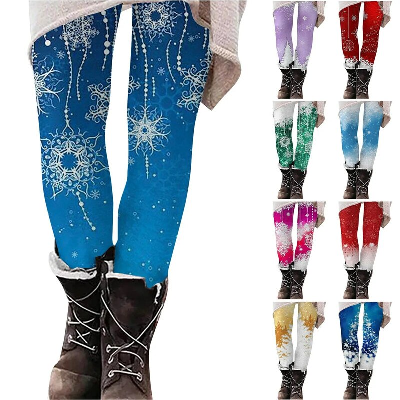 Mallas con estampado de copo de nieve para mujer, Pantalones elásticos de cintura alta, de Navidad
