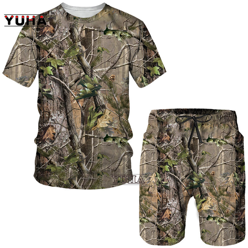 YUHA, jagd Sommer Männer der 3D Gedruckt Camouflage Ahorn Blätter T-Shirt/Shorts/Anzüge Unisex Casual Outdoor Sportwear Kurzarm