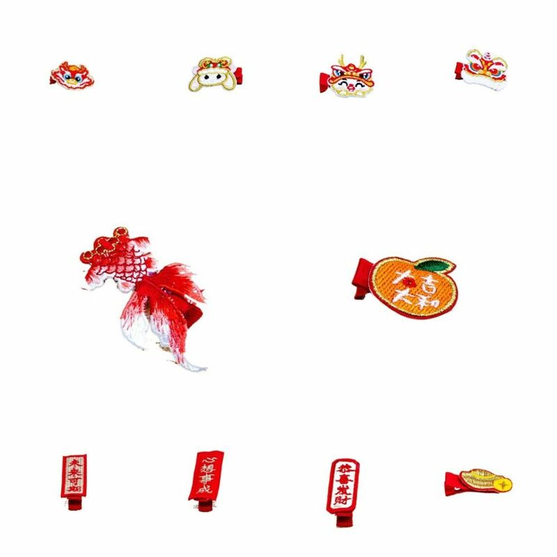 Horquilla de dragón bordado, pinza de pelo Hanfu de tela de baile de León, mascota de la serie de Año Nuevo, horquilla roja para niños y estudiantes