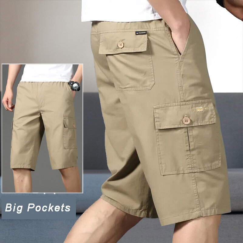 Mens Capri Pants Cotton Cargo Shorts Summer Elastic Waist Sweatpants Hiking Running Big Cropped Pants Gym Below Knee Shorts