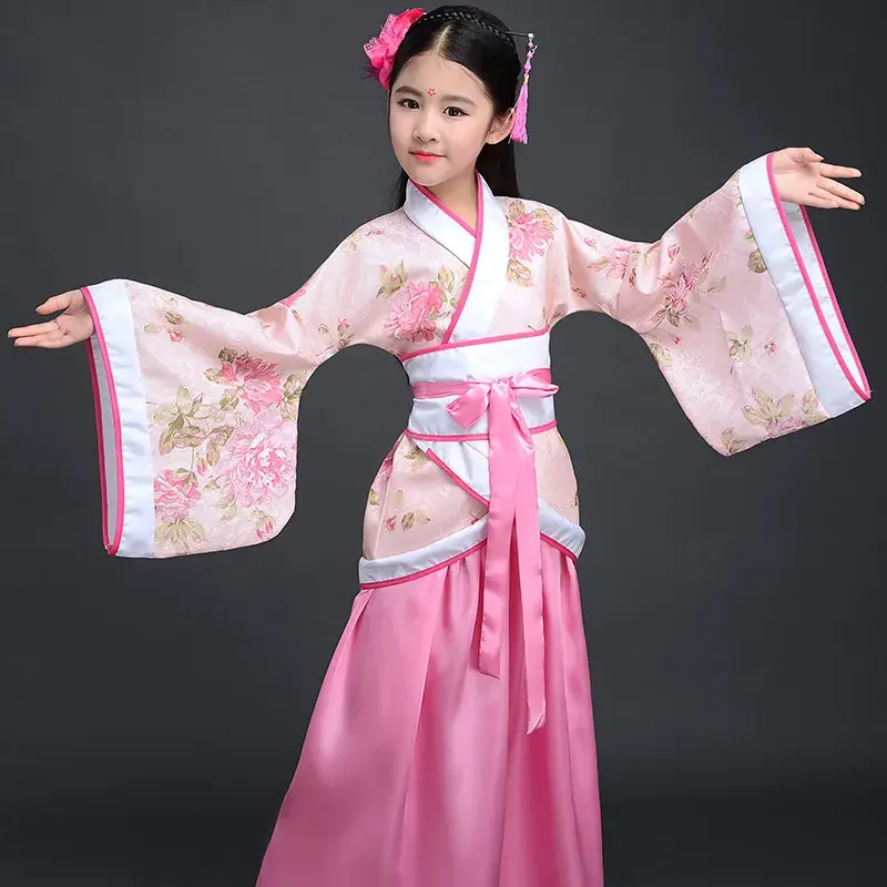 Kostum jubah sutra Tiongkok Kimono anak-anak perempuan kostum dansa Hanfu Fan etnis Vintage tradisional Tiongkok