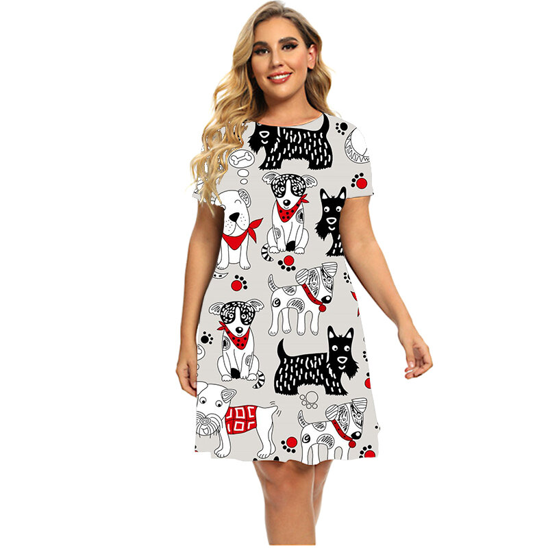 女性のための印刷されたcatパターンのドレス,半袖,ラウンドネック,ファッショナブルな夏服,ラージサイズ6xl