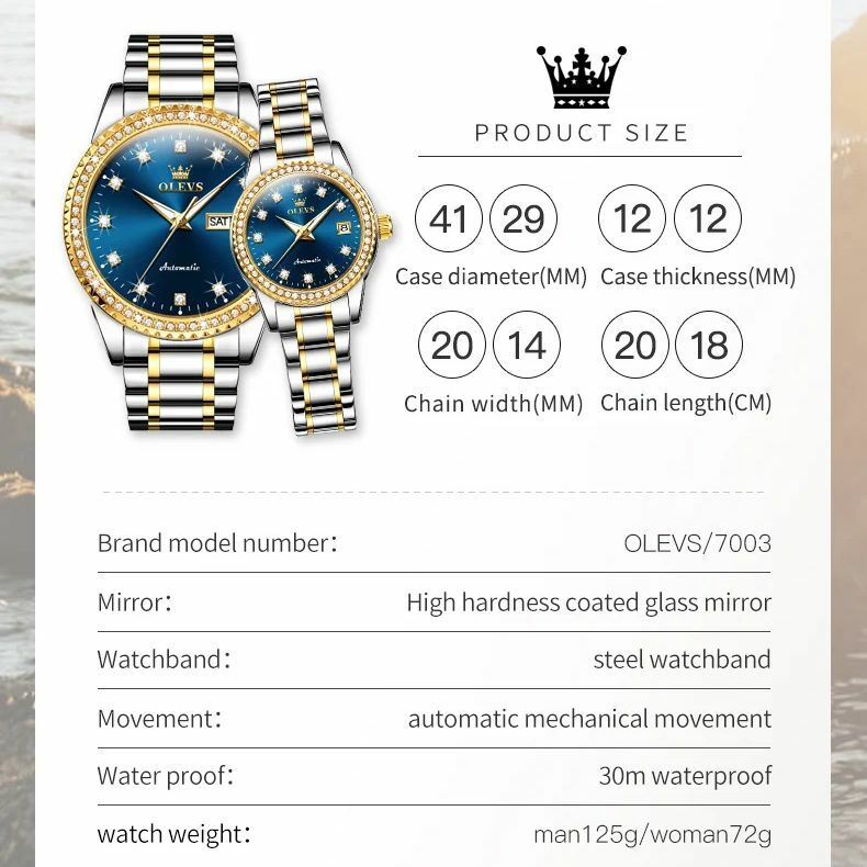 OLEVS 7003 탑 골드 완전 자동 기계식 시계, 패션 브랜드 다이아몬드 스테인레스 스틸 방수 시계, 남녀공용