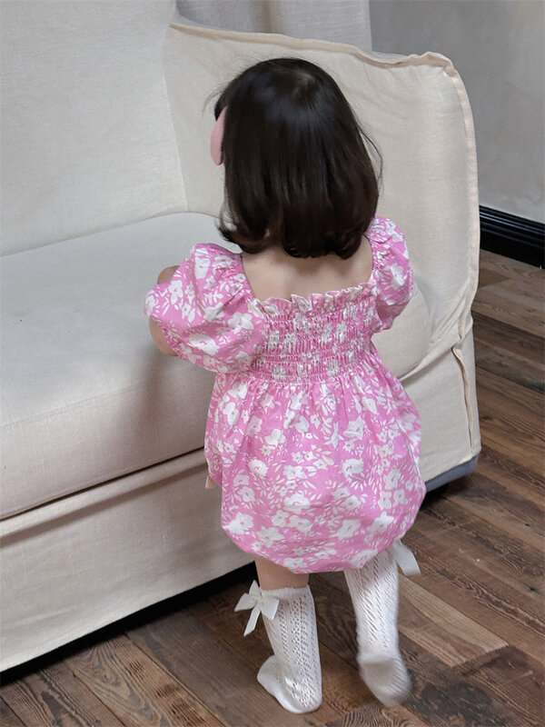 Macacão infantil de algodão princesa, bodysuit bonito, estampado com flores, recém-nascido, criança, roupas de menina, verão, novo, 0-24 M, 2024 M