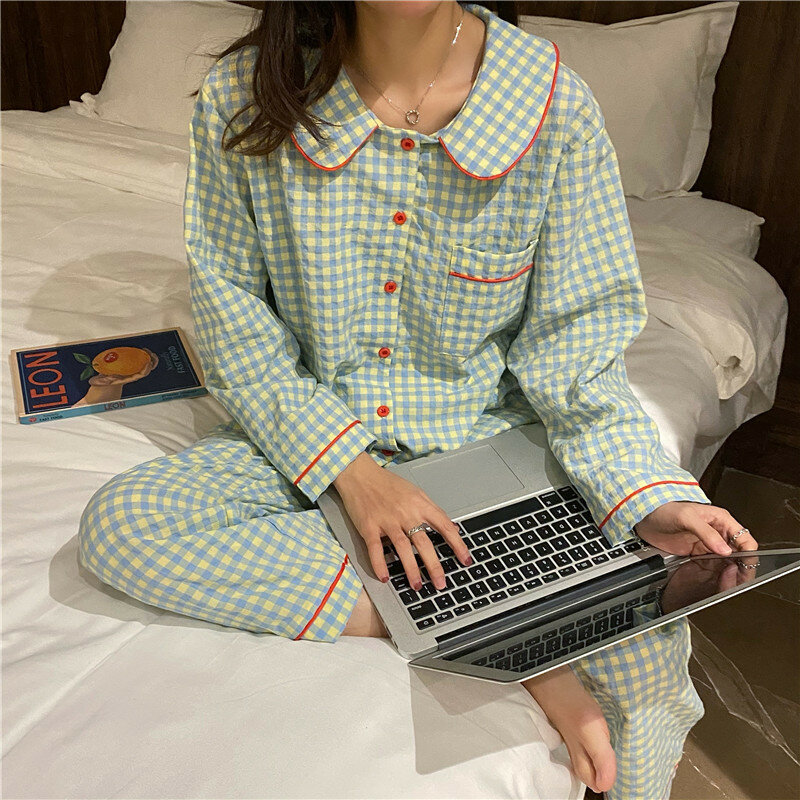 Katoenen Nachtkleding Koreaanse Pyjama Dames Zomer Schattige Hart Print Pyjama Lange Mouw Pijama Dames Set Negligé Vest Pak