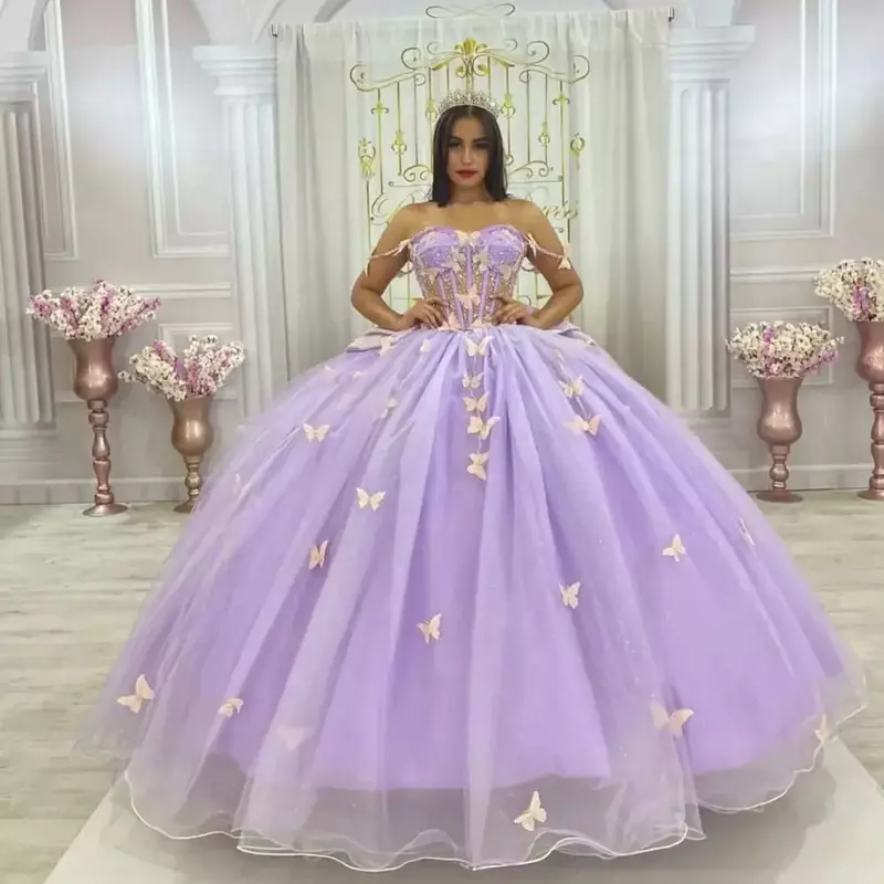 Glitzernde lila Prinzessin Schmetterling Quince anera Kleider mit Schleife schulter freie Vestidos de 15 Anos Party Ballkleid