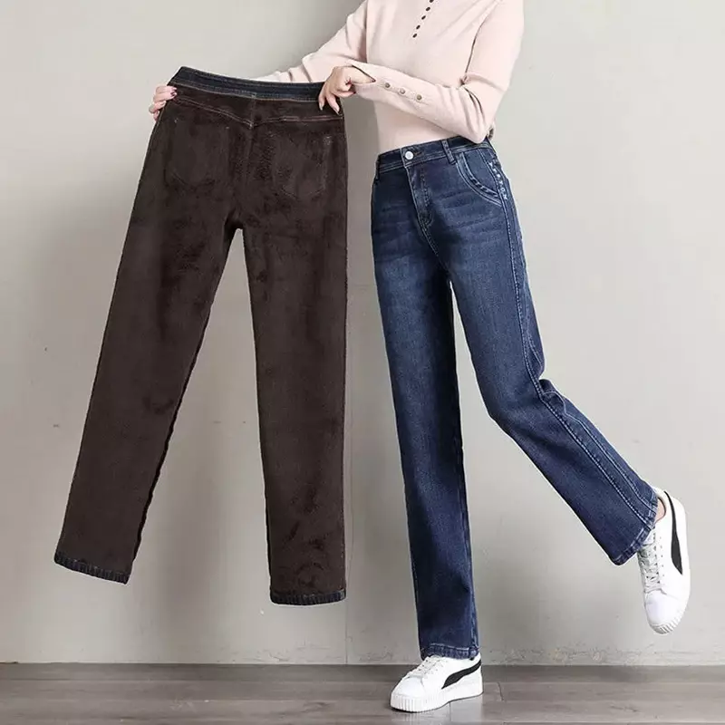 Nowa zimowa gruby ciepły polar damska proste dżinsy damska klasyczna wysoka talia zagęszczona moda ciepłe spodnie dżinsowe Retro kowbojskie spodnie