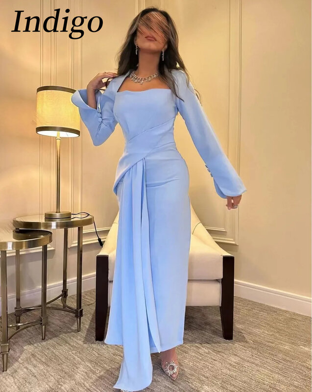 Indaco azzurro morbido raso abiti da sera alla caviglia donne semplice ed elegante vestito da partito saudita arabo 2024 muslimexlimah