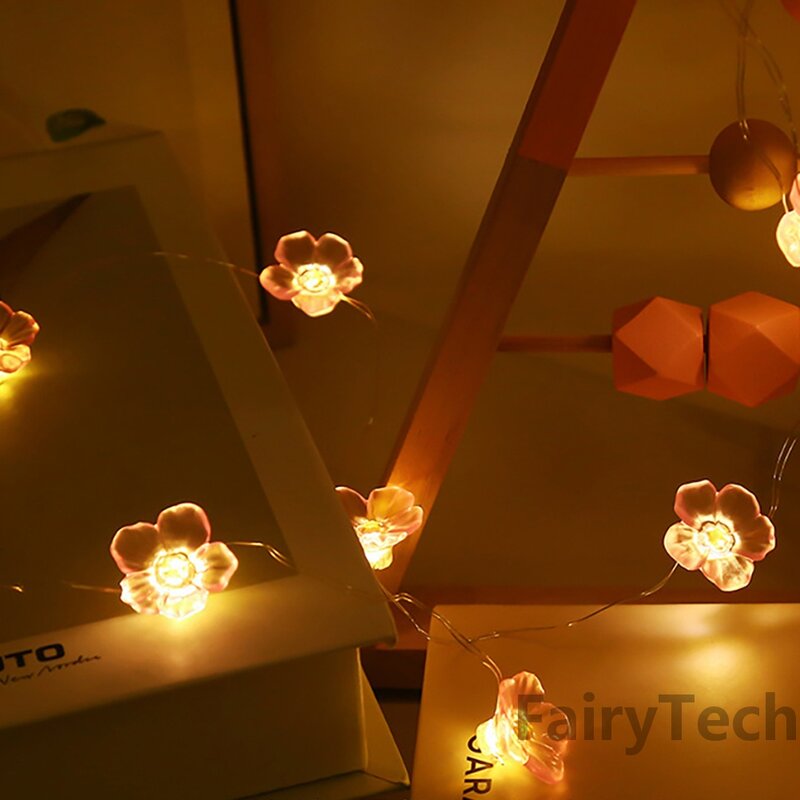 桜の形のLEDライトガーランド,電池式,USB,屋内,結婚式,クリスマスの装飾