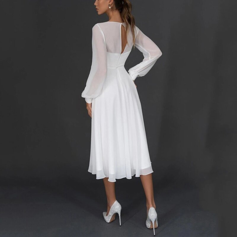Vestido de novia blanco de manga larga con cuello en V para mujer, traje elegante y Sexy de gasa para boda y fiesta de noche, 2024