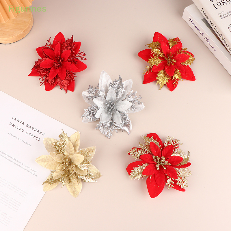 5Pcs 14cm Glitter Artifical Christmas Flowers Merry Christmas Tree Decoration Happy New Year Ornaments Xmas Fake Flowers