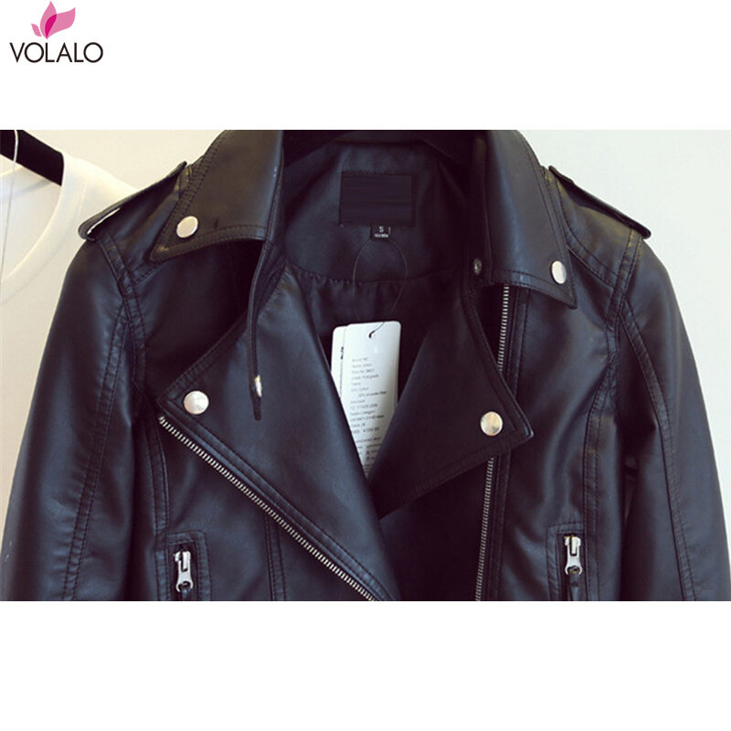 VOLALO-Chaqueta de cuero sintético para mujer, abrigo clásico con cuello vuelto, color negro, para motociclista, otoño