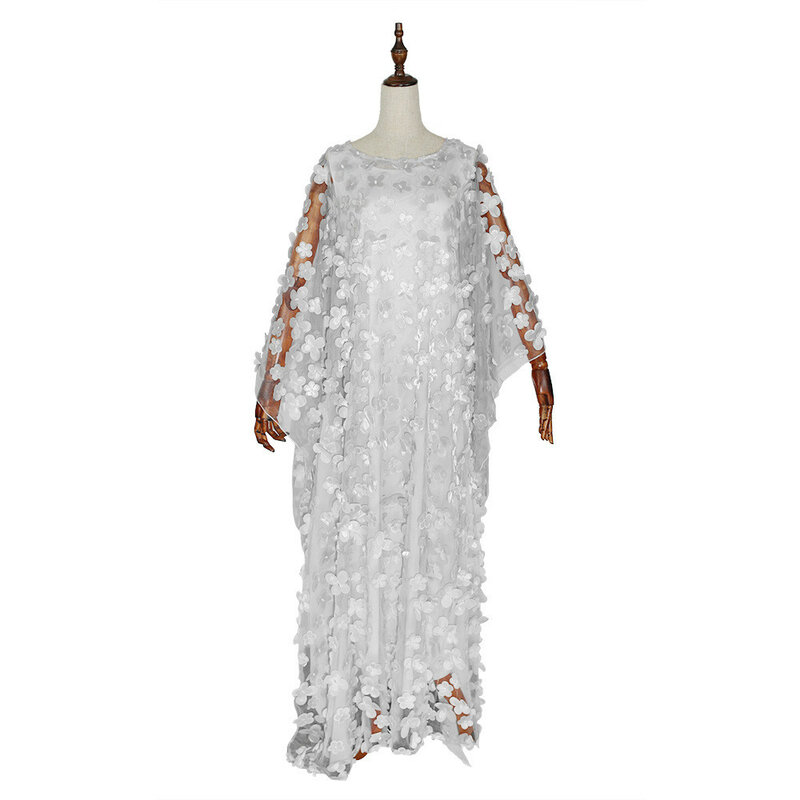 Afrykańska sukienka damska trójwymiarowa haftowana kwiatowa siatka z okrągłym dekoltem rękaw w kształcie skrzydła nietoperza luźnym szlafrok Plus Size + spódnica 104 #