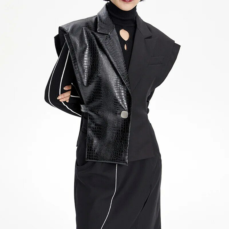 Colete de couro de crocodilo para mulheres, patchwork slim fit, colete designer, um botão, preto, casaco cool girl, em estoque