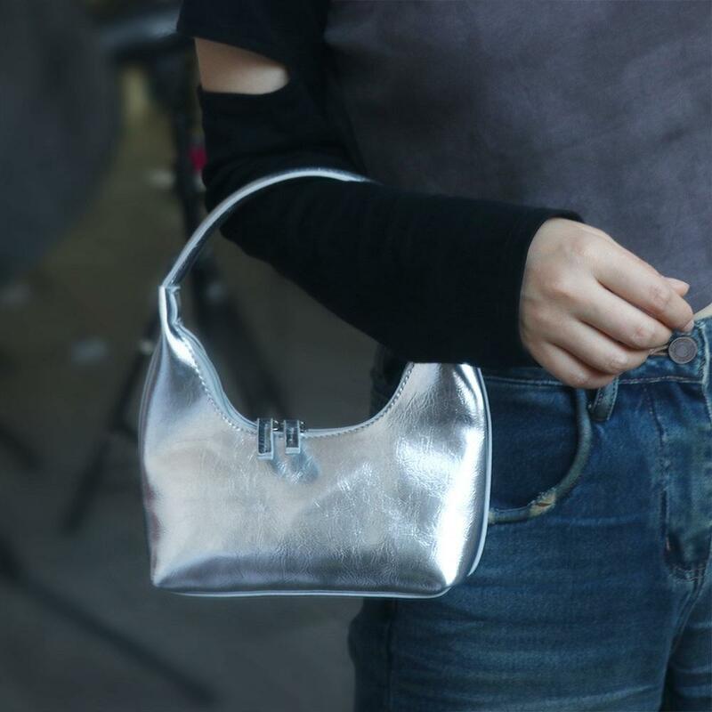 Bolsa de telefone móvel retrô para mulheres, bolsa de ombro lua crescente francesa, bolsa de axilas coreana prateada, moda feminina