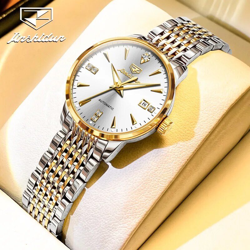 JSDUN jam tangan mekanis otomatis wanita, Gelang Display kalender Stainless Steel emas elegan modis 8943