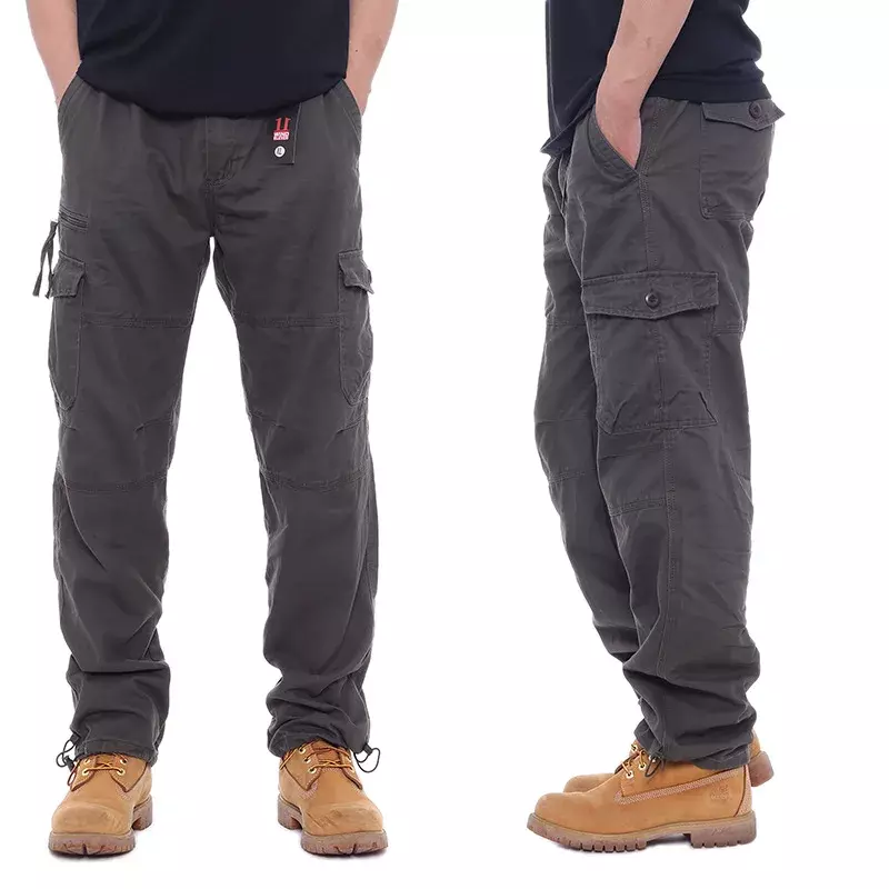 Eenvoudige Katoenen Overalls Mannen Casual Broek Elastische Taille Plus Size Broek Multi-Pocket Broek Site Broek