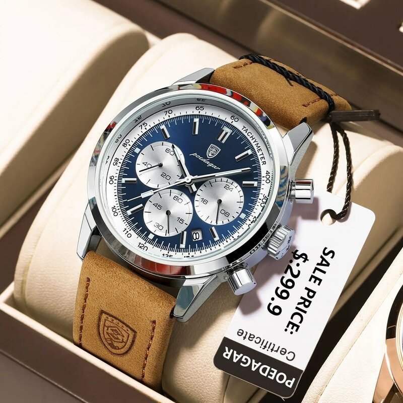 Podedagar-男性用の高級ブランドの時計,男性用腕時計,防水,クロノグラフ,発光,クォーツ,革の腕時計