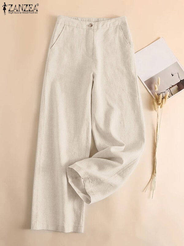 ZANZEA-Pantalon Vintage à Jambes Larges pour Femme, Taille artificiel astique, en Coton Solide, Long, Élégant, pour le Travail, 2024