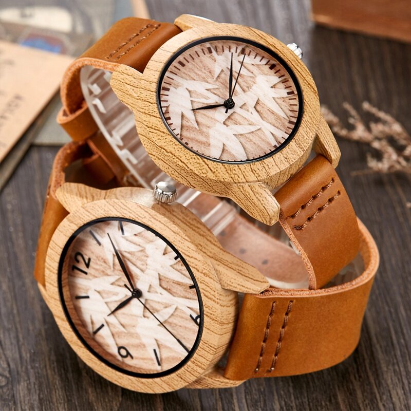 2023 Creative Wood Watch Men Women Couple Quartz Imitate Bamboo Wooden Watch Minimalist Watches Soft Brown Leather Wrist Clock