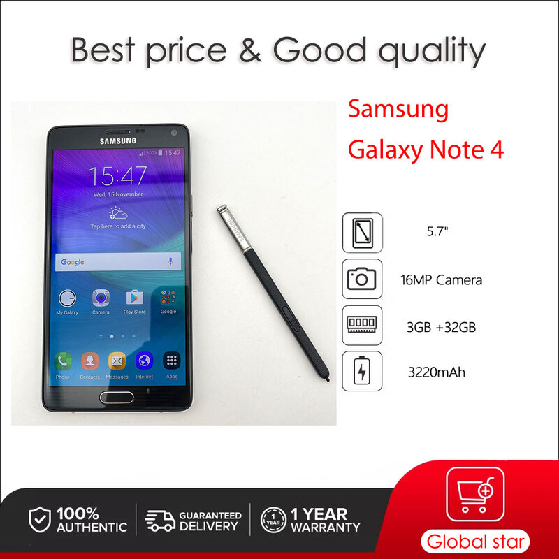 SAMSUNG-Smartphone Galaxy Note 4 Débloqué et d'Occasion, Téléphone Portable avec Écran de 5.7 Pouces, 3 Go de RAM, 32 Go de ROM, 4G, Appareil Photo de 16MP