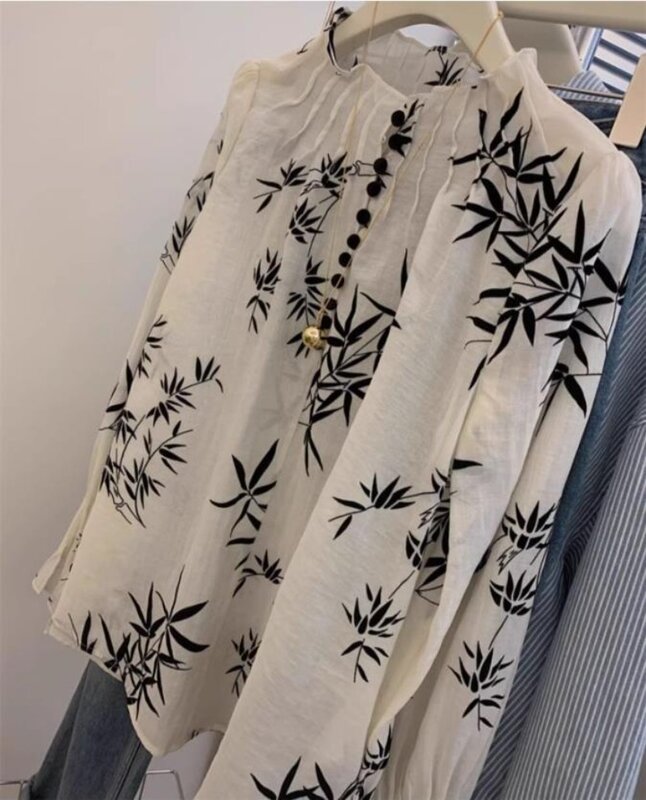 Miiiix-Tinta chinesa de bambu estampado camisa feminina, top high-end, camisas pequenas, senso design, início da primavera, novo, 2022