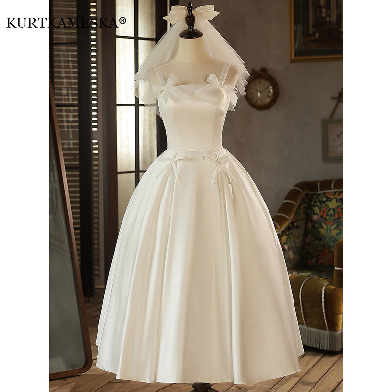 Vestidos de noiva de cetim branco para mulheres, elegante vestido da noiva, laço simples coreano, vestido longo para baile, festa noturna, roupa formal, verão