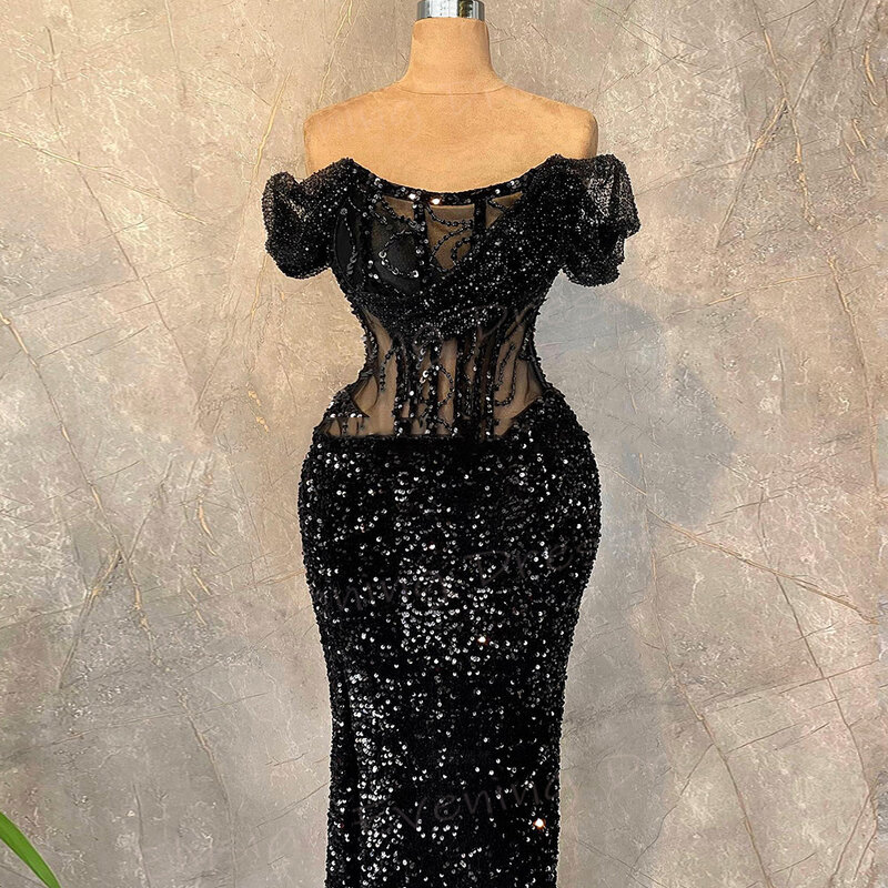 Błyszczące klasyczne czarne damskie syrenki piękne suknie wieczorowe formalne suknie na przyjęcie przepiękne cekinowe فساتين سهره شارون سعيد