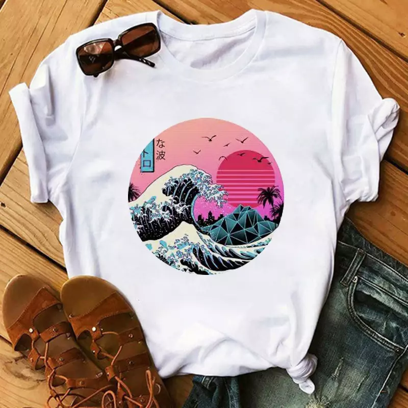 Camiseta estética feminina estampada com gráfico, sol sobre onda tumblr, tops da moda verão, camiseta casual, anos 90