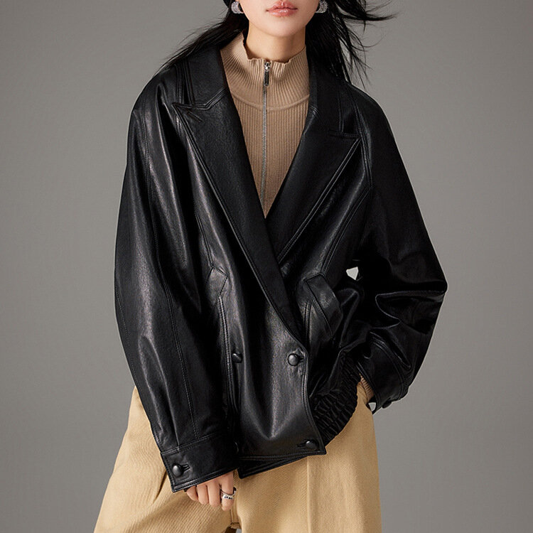 여성용 천연 가죽 재킷, 풀 식물 무두질 양 피부, 캐주얼 블랙 오토바이 재킷, 가을 및 겨울, 2023 신상