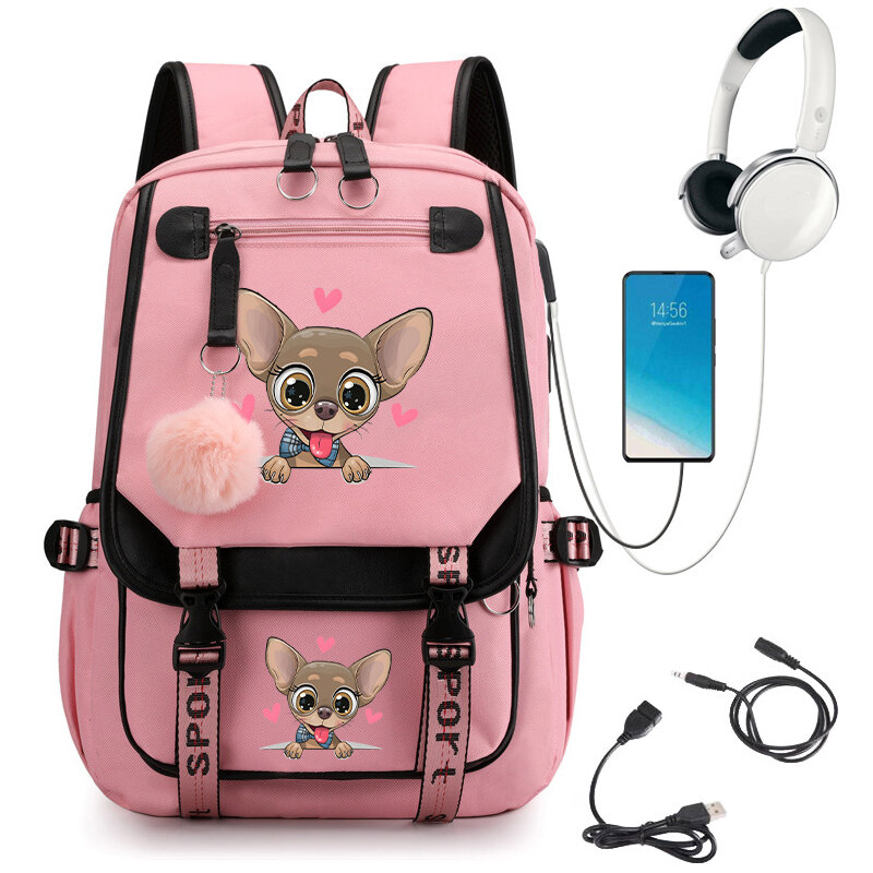 Cute School Backpack para meninas adolescentes, Cartoon Dog Print Bag, Anime Estudantes USB Bookbag, Animais Manga Bagpacks