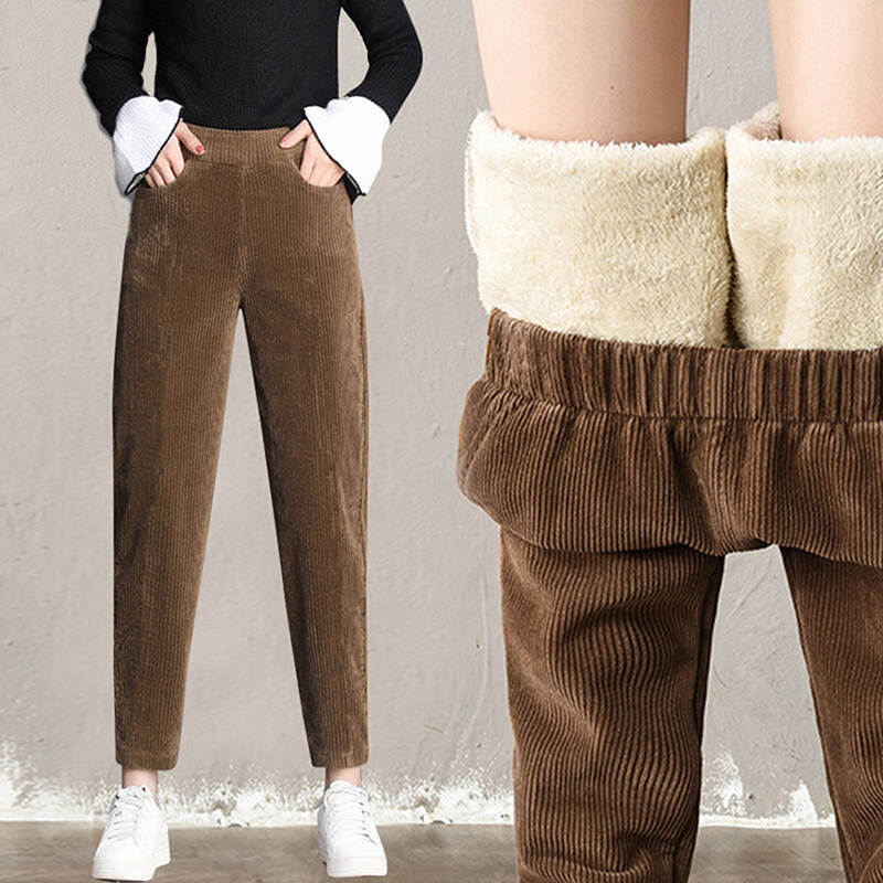 Pantalones casuales gruesos de felpa para mujer, Leggings cálidos de pana, pantalones Harem de cintura alta, Otoño e Invierno