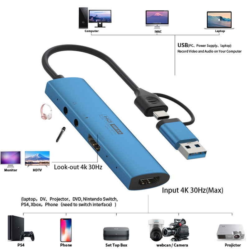 Captura de vídeo USB 3.0 tipo C, MS2131, YUV422, 1080P, gravação 60FPS, Loop Out para câmera, PC, jogo PS4, transmissão ao vivo