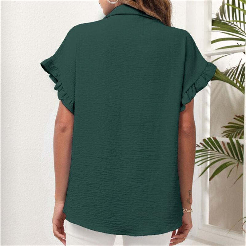 Frauen Tops Blusen 2022 Frühling Elegante Kurzarm Einfarbig V-ausschnitt Chiffon Bluse Weibliche Alle-Spiel Rüschen Shirts Übergroßen