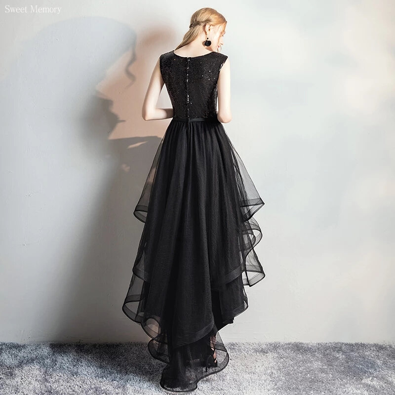 Милое маленькое черное платье с эффектом памяти 2024, элегантное вечернее платье с круглым вырезом, коротким спереди и длинной спинкой, блестками, женское платье