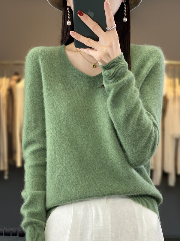 2024 New Women Basic V-Neck Pullover Sweater 100% Merino Wool Long Sleeve Cashmere Knitwear Autumn Winter Female Clothing Tops