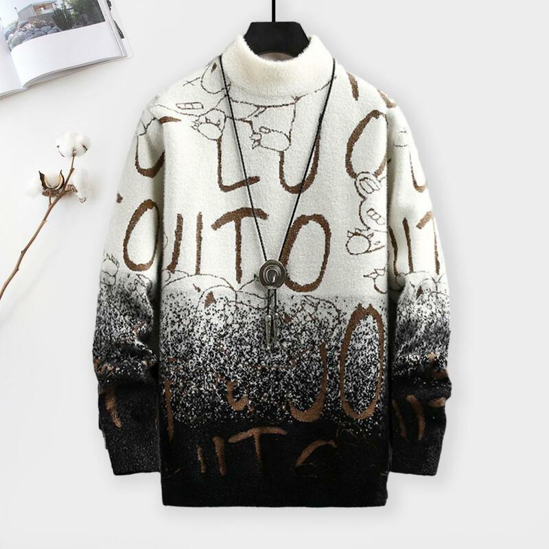 Thick Plush Pullover Thick Knitted Cartoon Print Men's Sweater Warm Pullover with Plush Lining Crew Neck Long Sleeves Letter