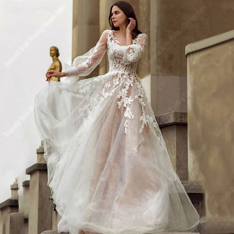 Vestidos de casamento sem mangas compridas para mulheres, decalques de renda populares, vestidos de noiva, superfície brilhante, vestido boho, 2024